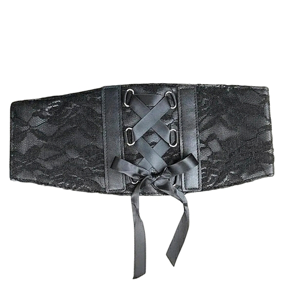 ASOS Black Floral Lace Satin Ribbon Button Closure Corset Wide Waist Belt 33" - Picture 10 of 16